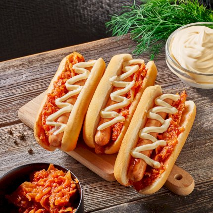 Hot Dog with Kimchi and Sriracha